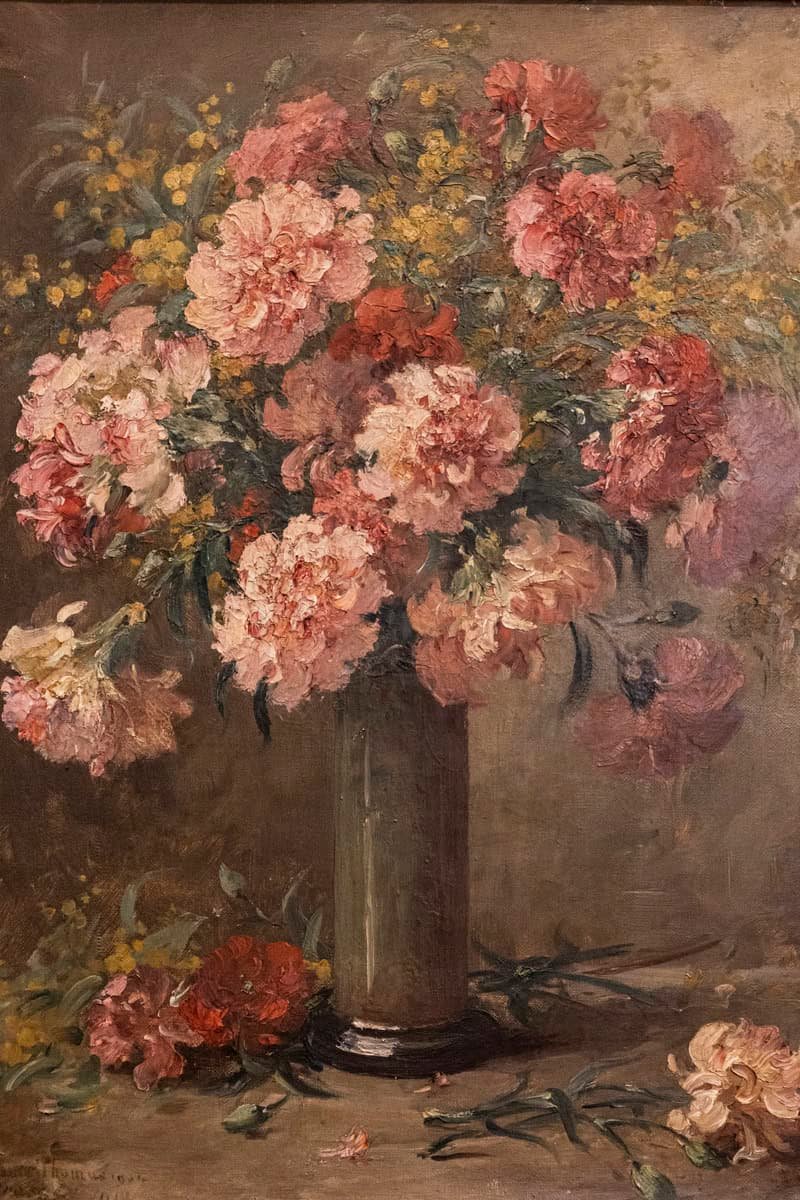 French 19th Century Framed Oil on Canvas Still-Life Painting with Pink Bouquet - JAA