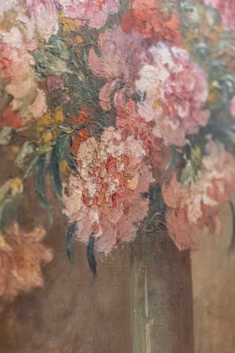 French 19th Century Framed Oil on Canvas Still-Life Painting with Pink Bouquet - JAA