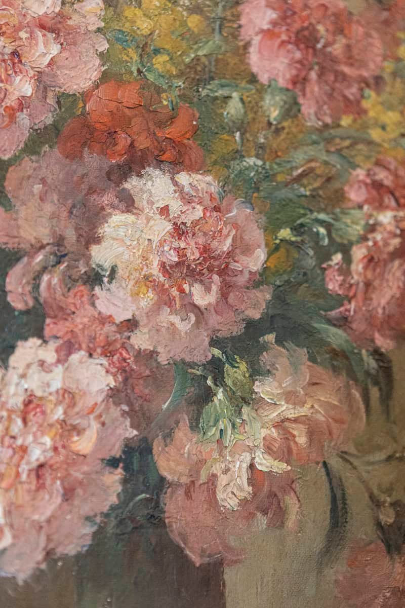 French 19th Century Framed Oil on Canvas Still-Life Painting with Pink Bouquet - JAA