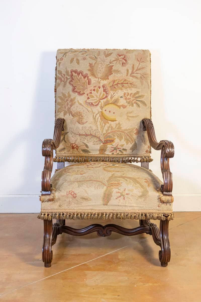 French Louis XIV Style Walnut Fauteuil with Carved Arms and Scrolling Legs - JAA