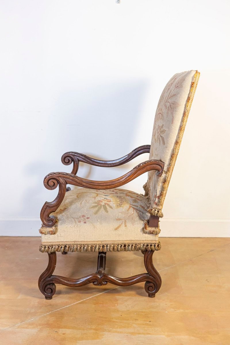French Louis XIV Style Walnut Fauteuil with Carved Arms and Scrolling Legs - JAA
