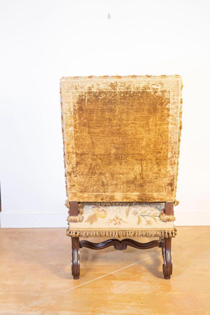 French Louis XIV Style Walnut Fauteuil with Carved Arms and Scrolling Legs - JAA