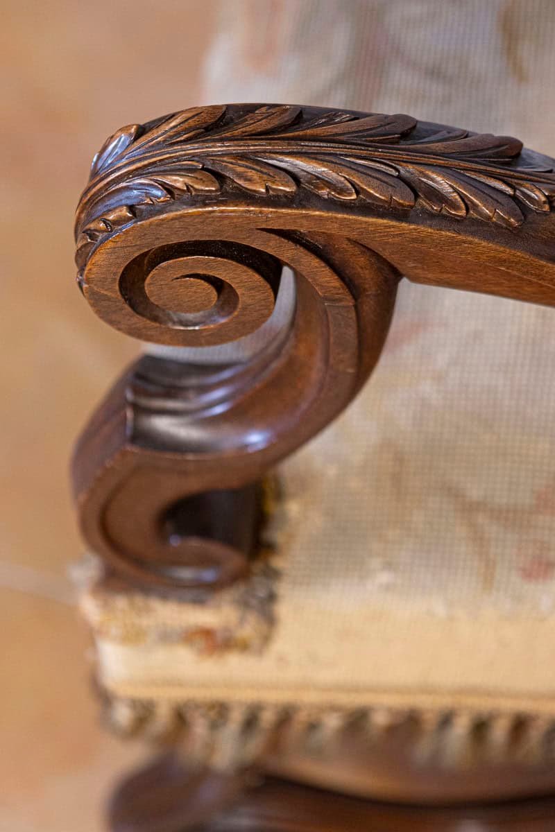 French Louis XIV Style Walnut Fauteuil with Carved Arms and Scrolling Legs - JAA