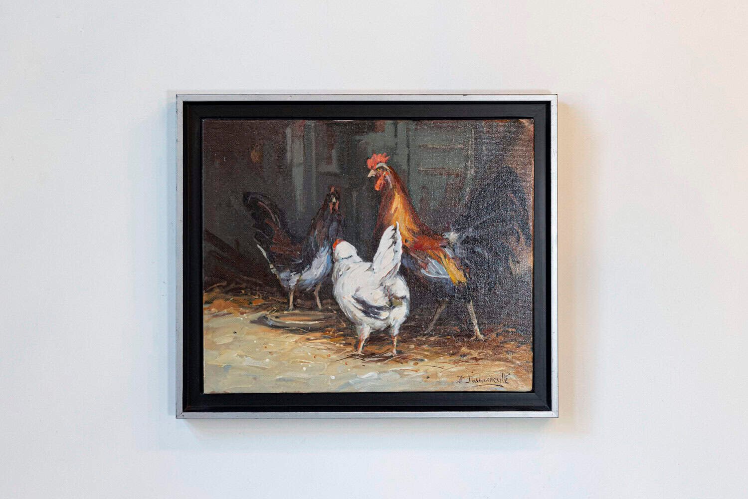French Late 20th Century Framed and Signed Oil on Canvas Barnyard Scene Painting - JAA