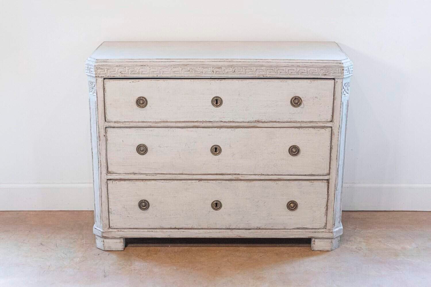 Swedish Gustavian Style 1860s Painted Three-Drawer Chest with Greek Key Frieze - JAA