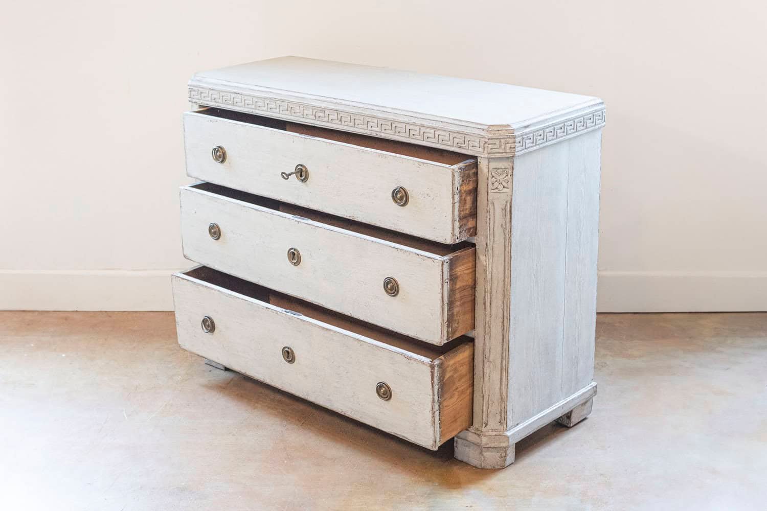 Swedish Gustavian Style 1860s Painted Three-Drawer Chest with Greek Key Frieze - JAA