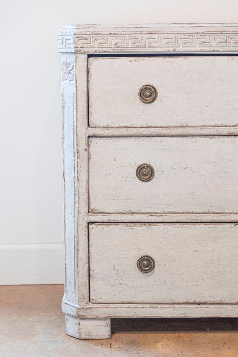 Swedish Gustavian Style 1860s Painted Three-Drawer Chest with Greek Key Frieze - JAA