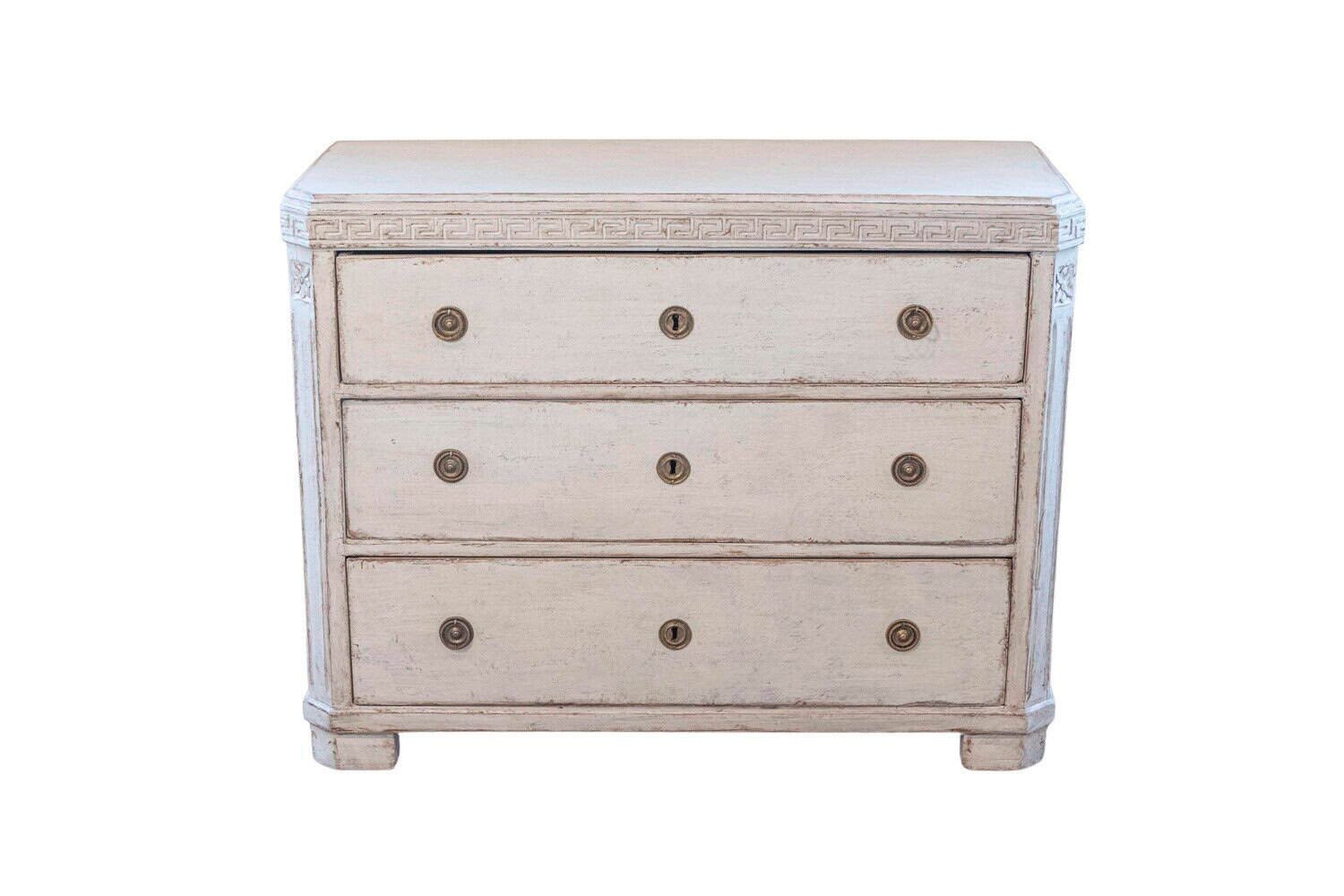 Swedish Gustavian Style 1860s Painted Three-Drawer Chest with Greek Key Frieze