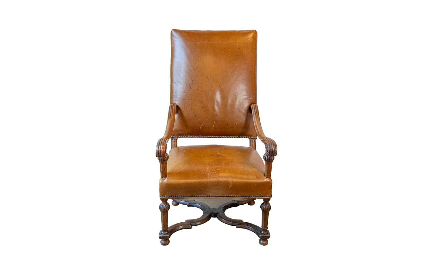 French Louis XIV Style Late 19th Century Beech Fauteuil with Leather Upholstery - JAA