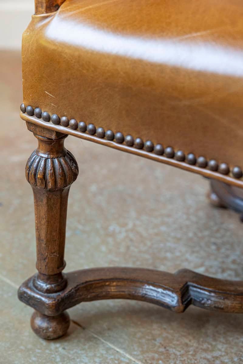 French Louis XIV Style Late 19th Century Beech Fauteuil with Leather Upholstery - JAA