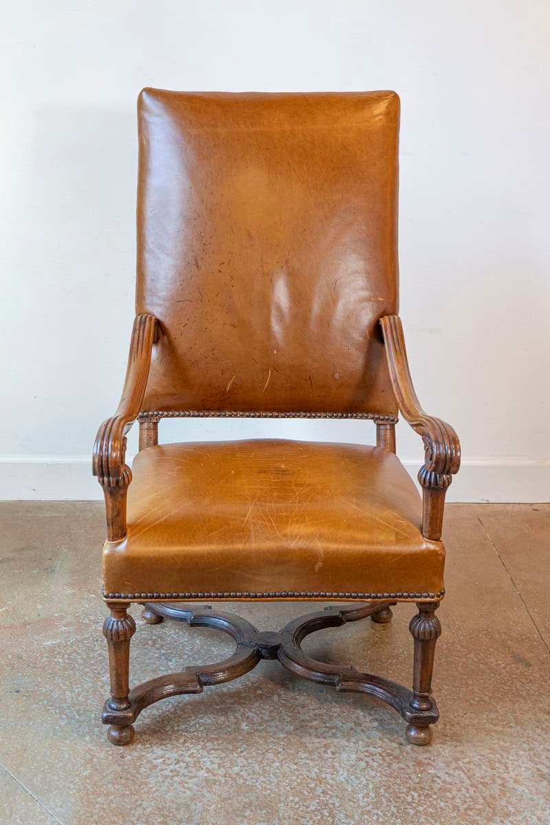 French Louis XIV Style Late 19th Century Beech Fauteuil with Leather Upholstery - JAA