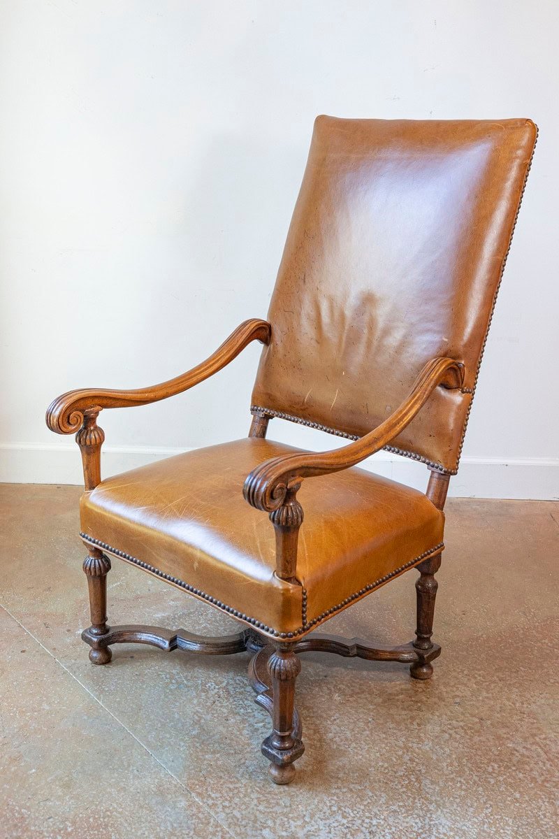 French Louis XIV Style Late 19th Century Beech Fauteuil with Leather Upholstery - JAA