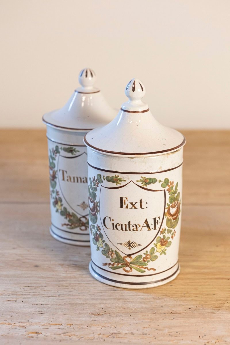 Pair of French Directoire Late 18th Century Lidded Apothecary Jars with Labels - JAA