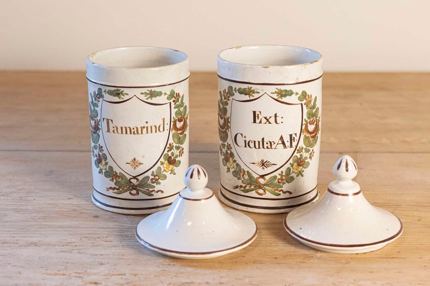 Pair of French Directoire Late 18th Century Lidded Apothecary Jars with Labels - JAA