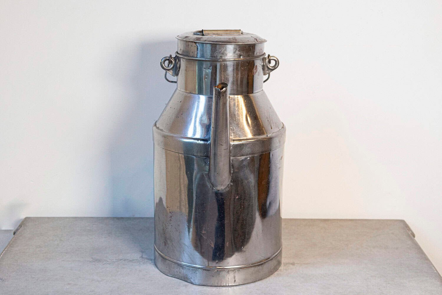 French 19th Century Metal Milk Can with Long Spout and Wooden Handle - JAA