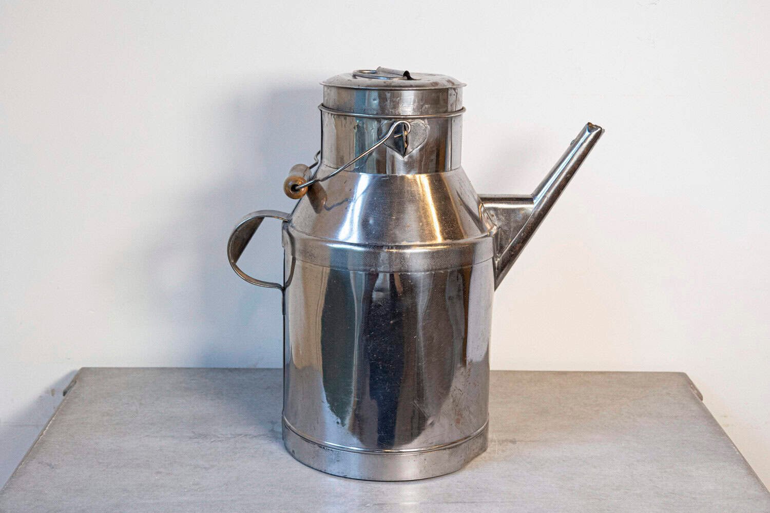 French 19th Century Metal Milk Can with Long Spout and Wooden Handle - JAA