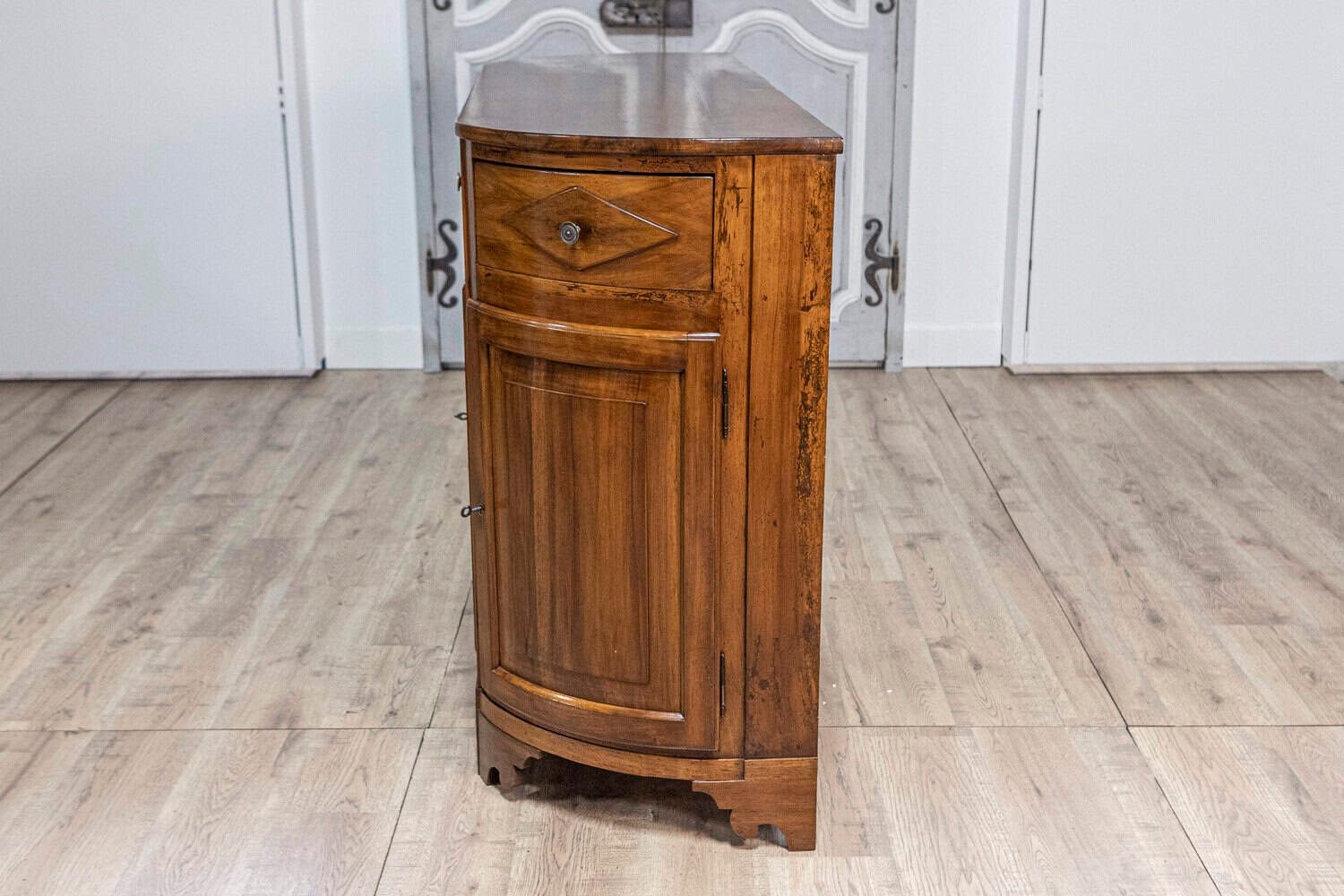 Italian 19th Century Walnut Credenza with Diamond Motifs and Rounded Sides - JAA