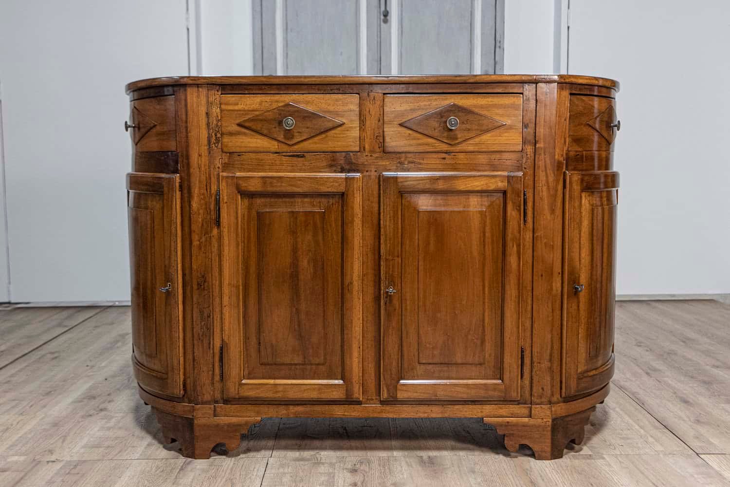Italian 19th Century Walnut Credenza with Diamond Motifs and Rounded Sides - JAA