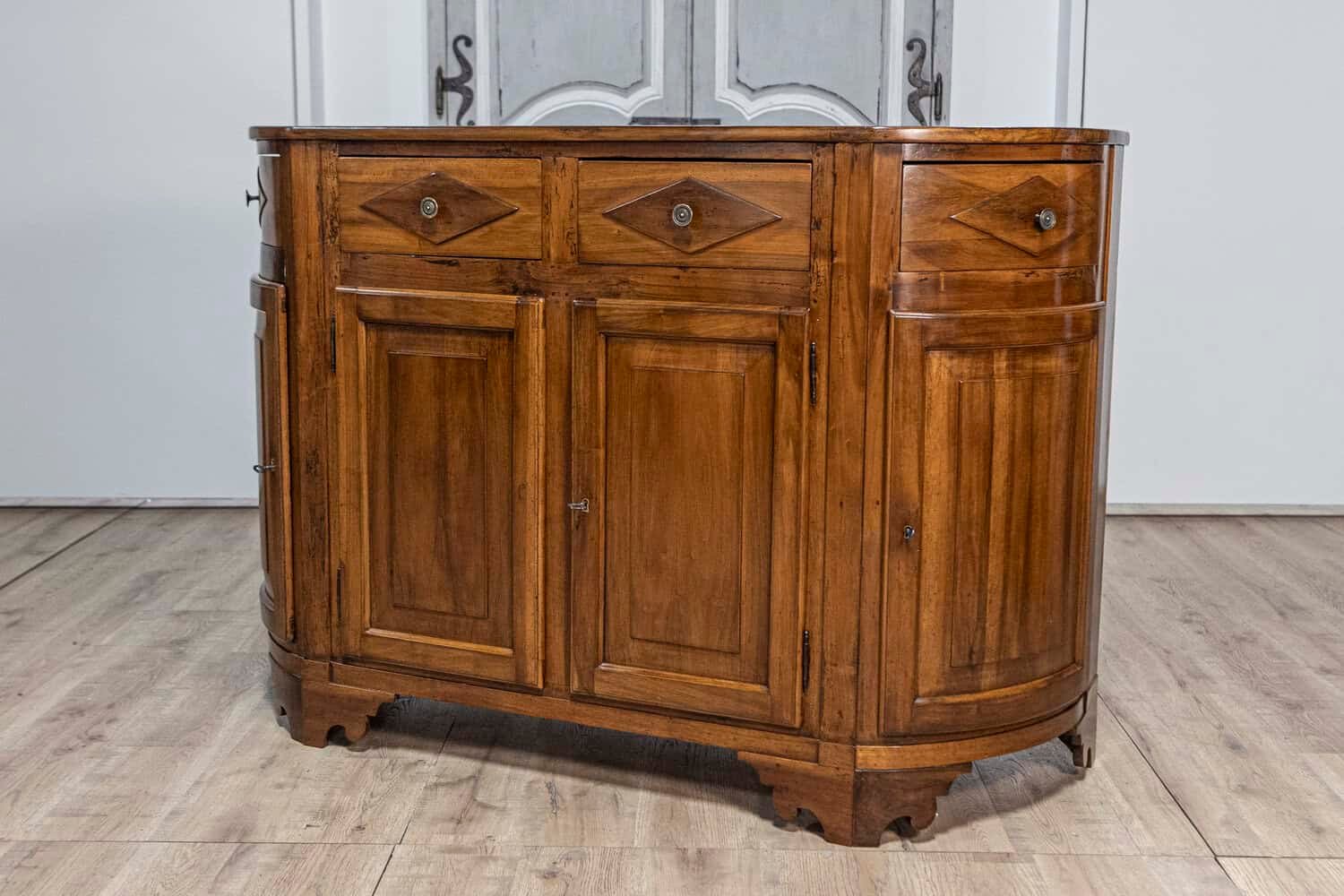 Italian 19th Century Walnut Credenza with Diamond Motifs and Rounded Sides - JAA