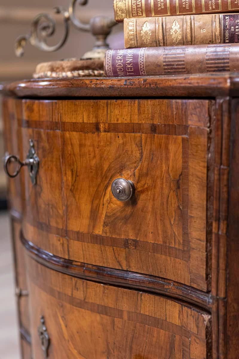 Italian 18th Century Walnut and Mahogany Three-Drawer, Serpentine Front Chest - JAA