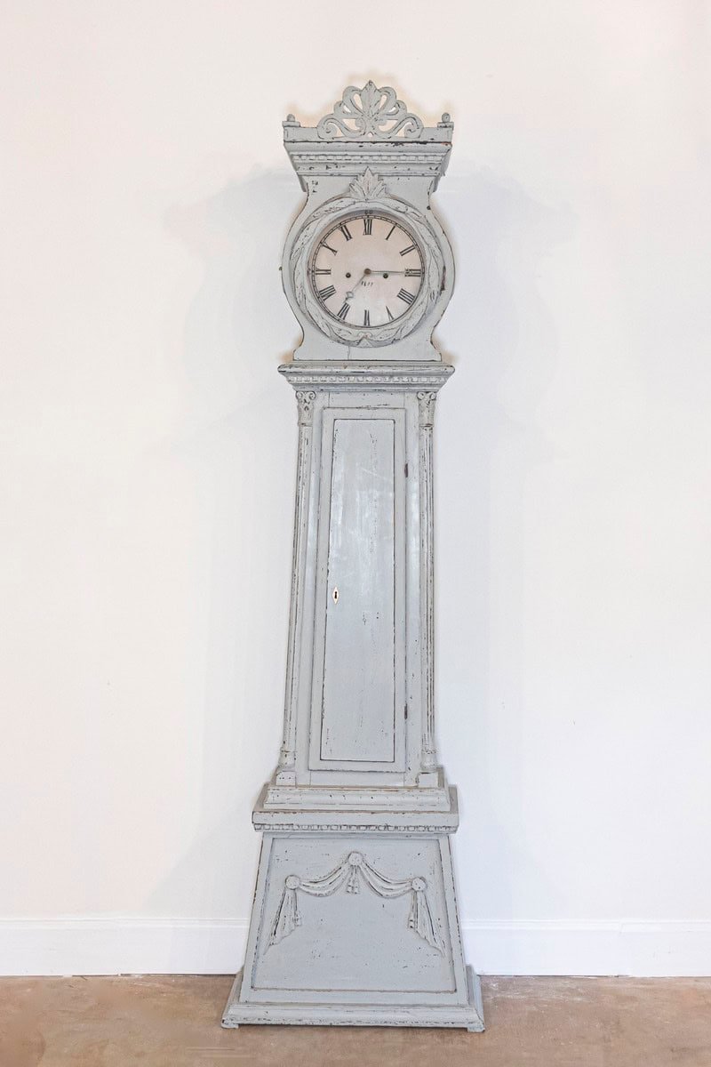 Swedish Neoclassical Style Painted Wood Longcase Clock with Carved Palmette - JAA