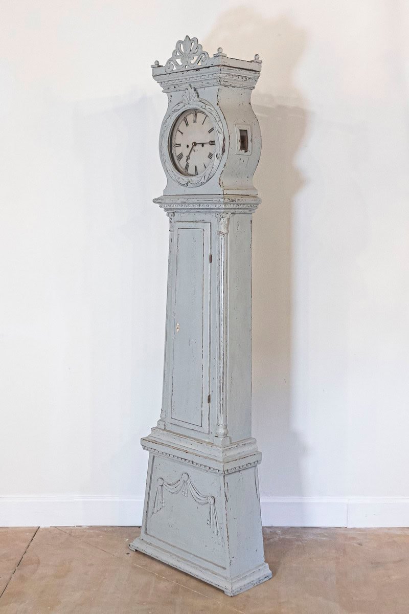 Swedish Neoclassical Style Painted Wood Longcase Clock with Carved Palmette - JAA