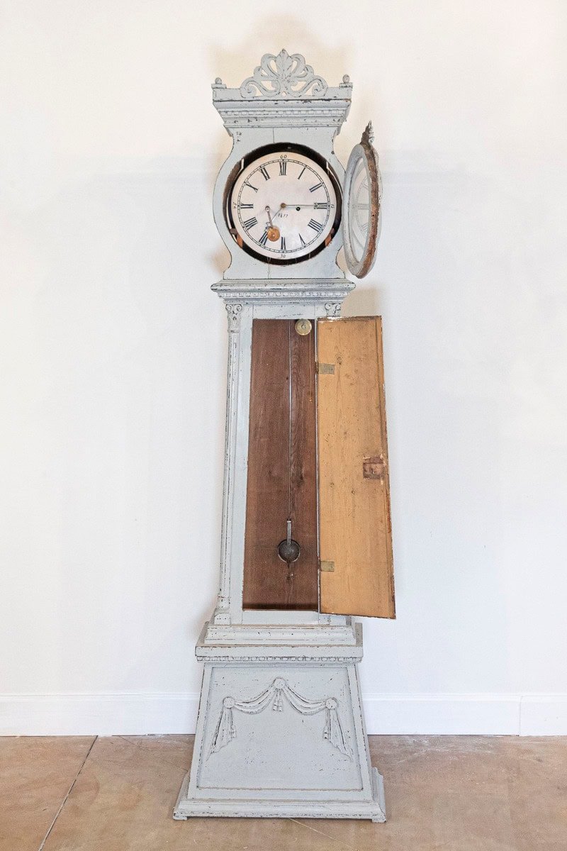 Swedish Neoclassical Style Painted Wood Longcase Clock with Carved Palmette - JAA