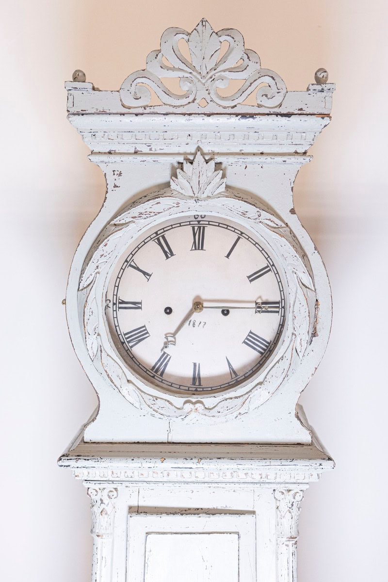 Swedish Neoclassical Style Painted Wood Longcase Clock with Carved Palmette - JAA