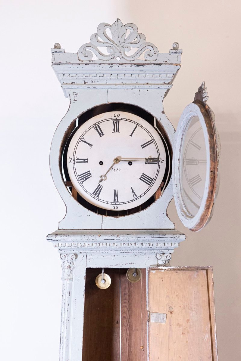 Swedish Neoclassical Style Painted Wood Longcase Clock with Carved Palmette - JAA