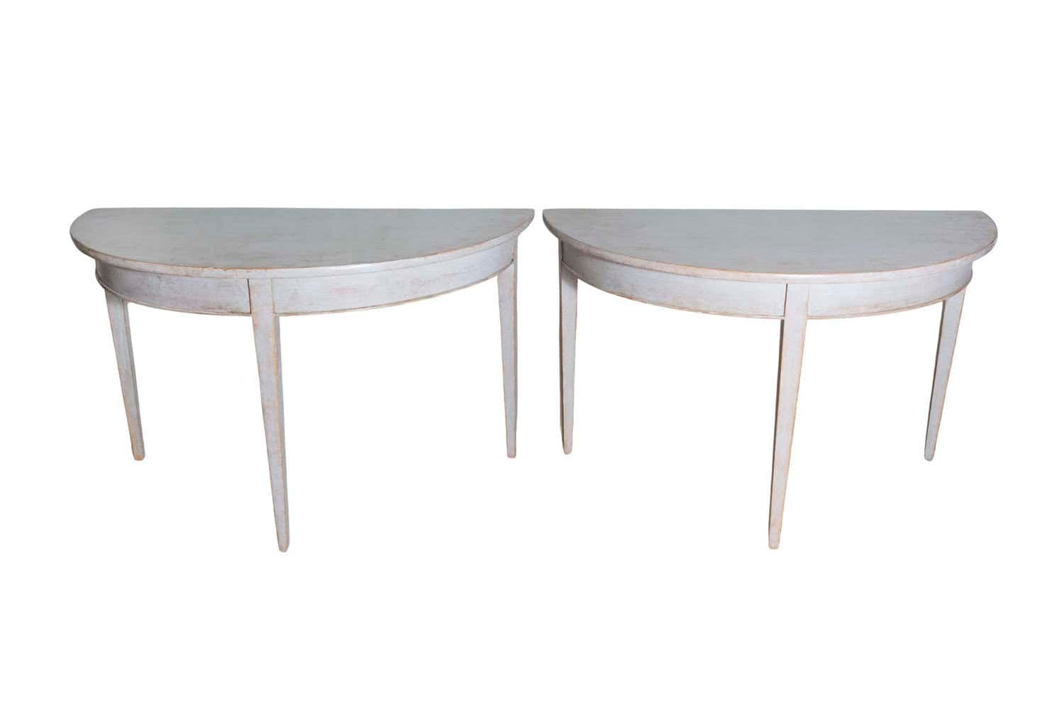 1860s Gustavian Style Swedish Painted Demi-Lune Tables with Tapered Legs