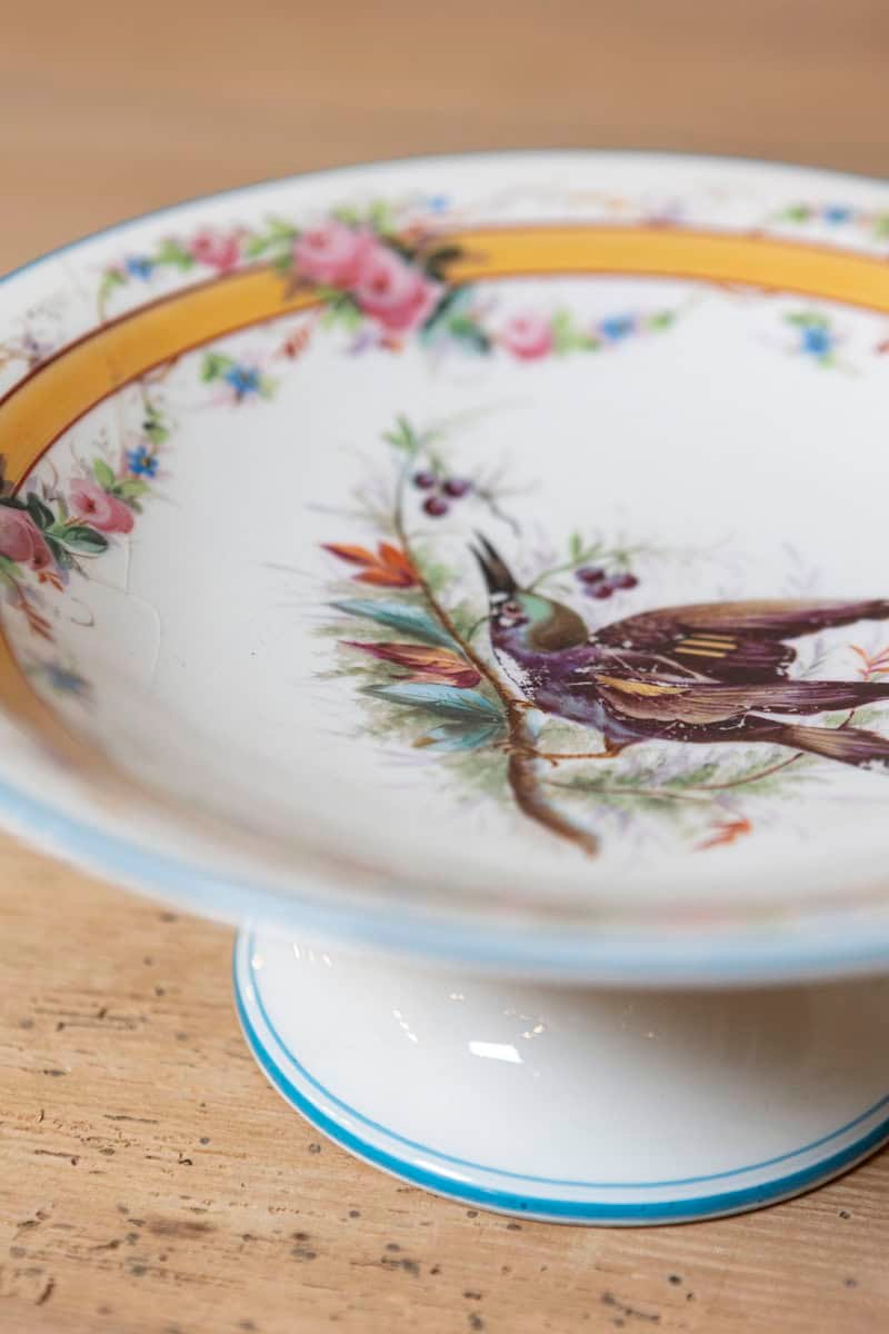 French Early 20th Century Hand-Painted Porcelain Compote with Birds and Floral Motif - JAA