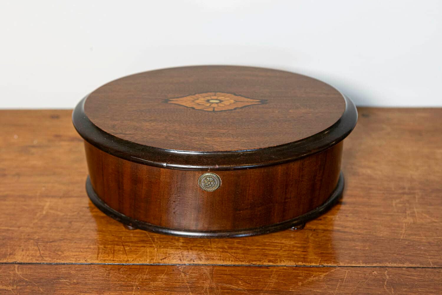 Danish 19th Century Walnut Round Box with Floral Marquetry Lid, Circa 1880 - JAA