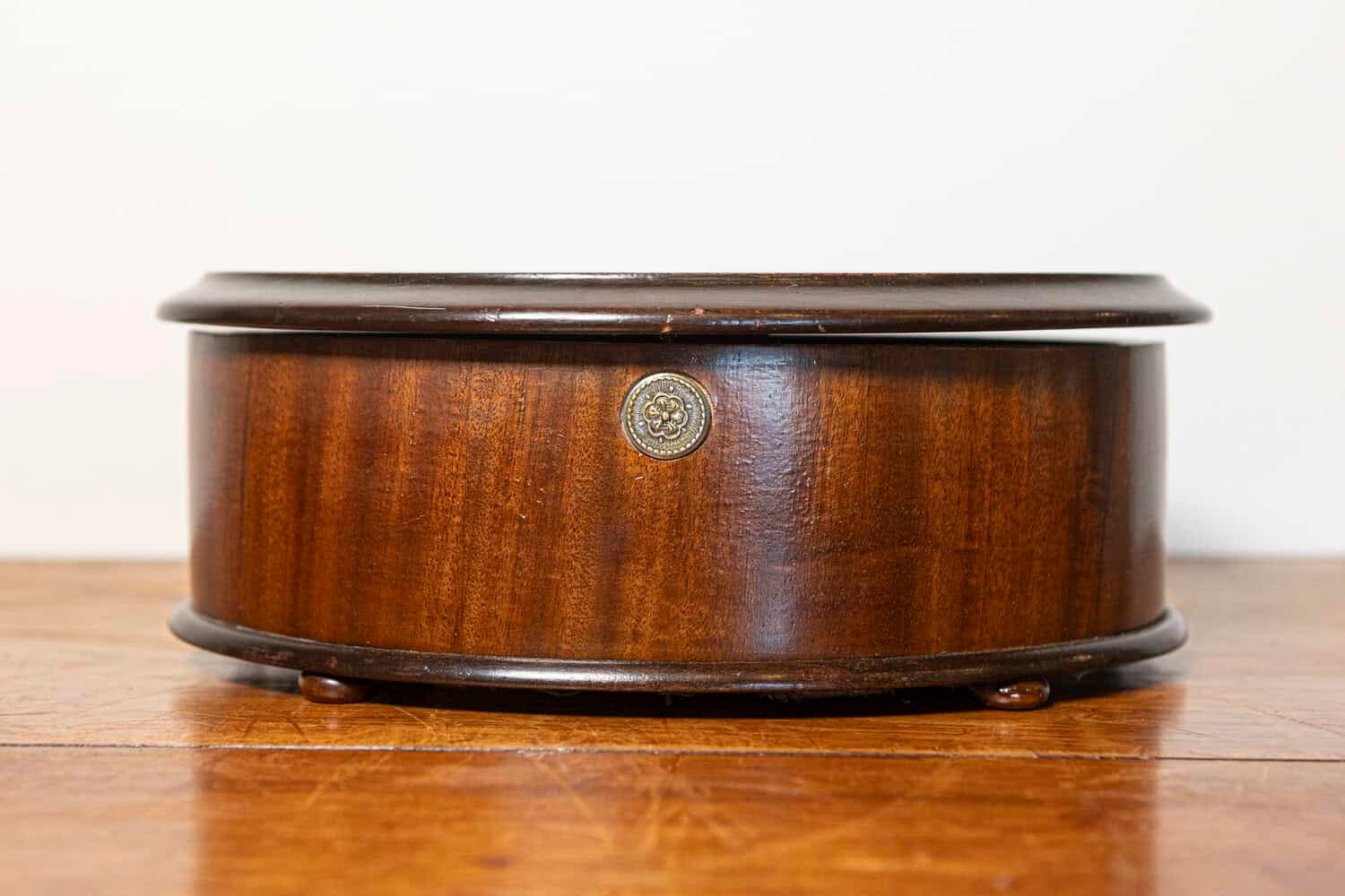 Danish 19th Century Walnut Round Box with Floral Marquetry Lid, Circa 1880 - JAA