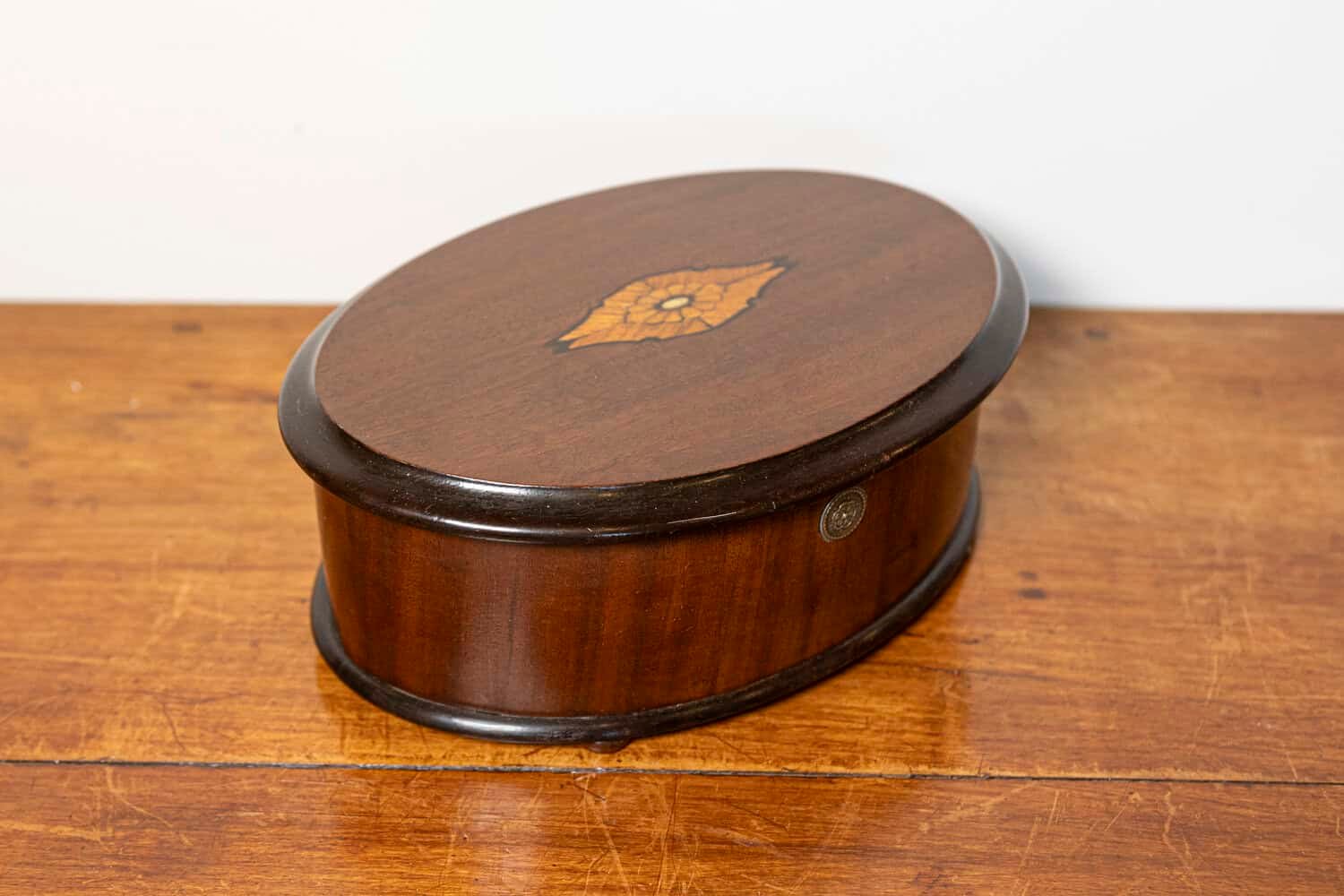 Danish 19th Century Walnut Round Box with Floral Marquetry Lid, Circa 1880 - JAA
