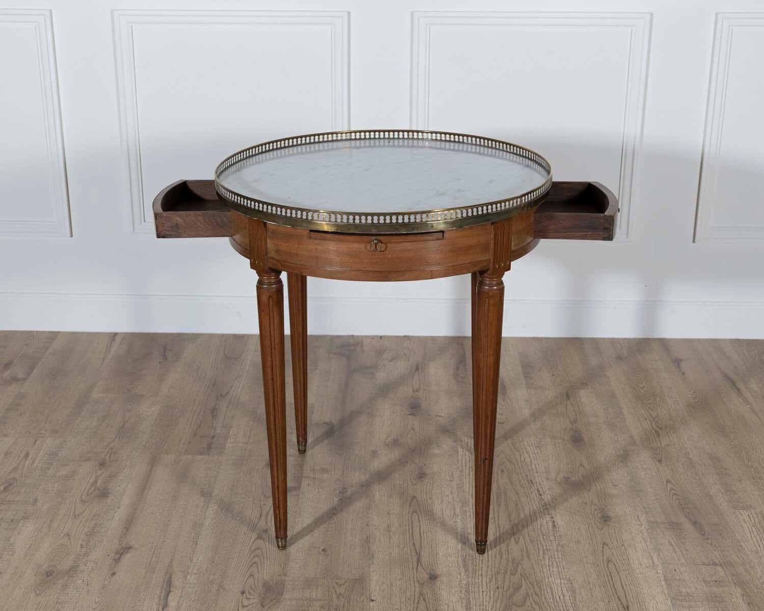 French Louis XVI-Style Mahogany Bouillotte Table with Carrara Marble Top, Late 19th Century - JAA