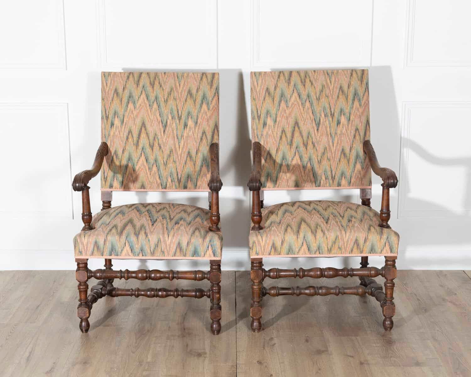 Pair of Louis XIII Style Oak Armchairs with Upholstered Backs and Seats - JAA