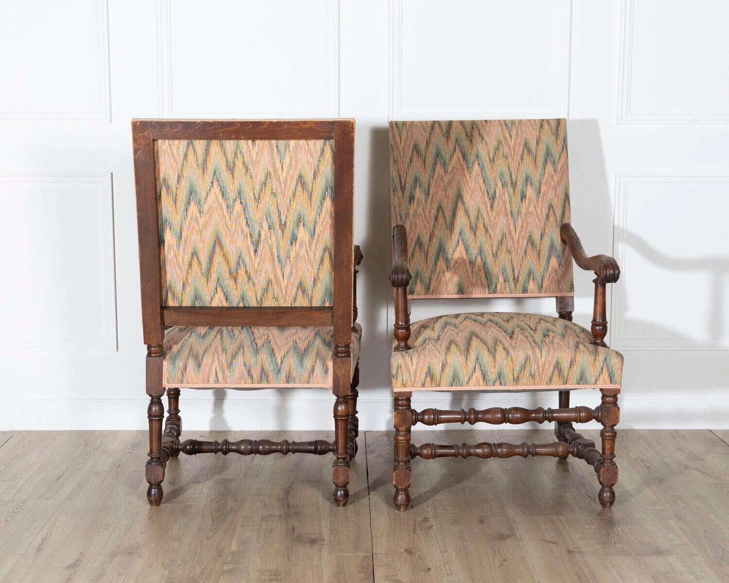Pair of Louis XIII Style Oak Armchairs with Upholstered Backs and Seats - JAA