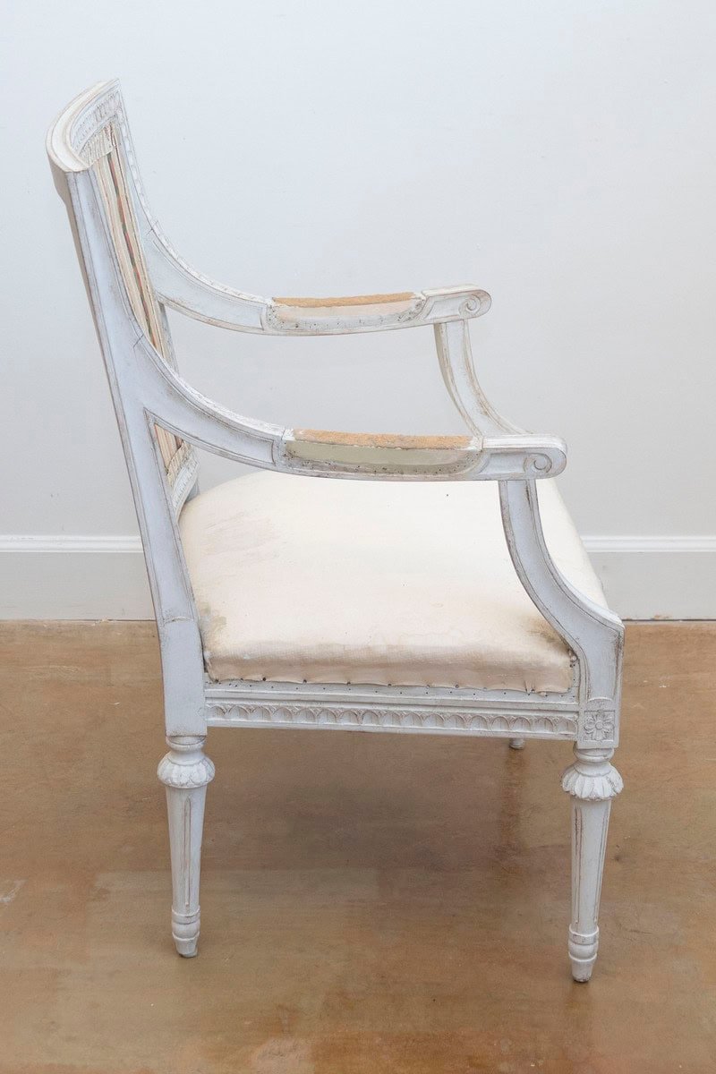 Swedish Gustavian Style 1900 Painted Wood Armchairs with Carved Aprons - JAA