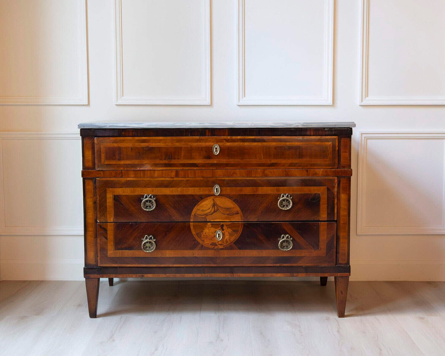 Italian Louis XVI Marquetry Chest of Drawers with Gray Marble Top, 18th Century - JAA