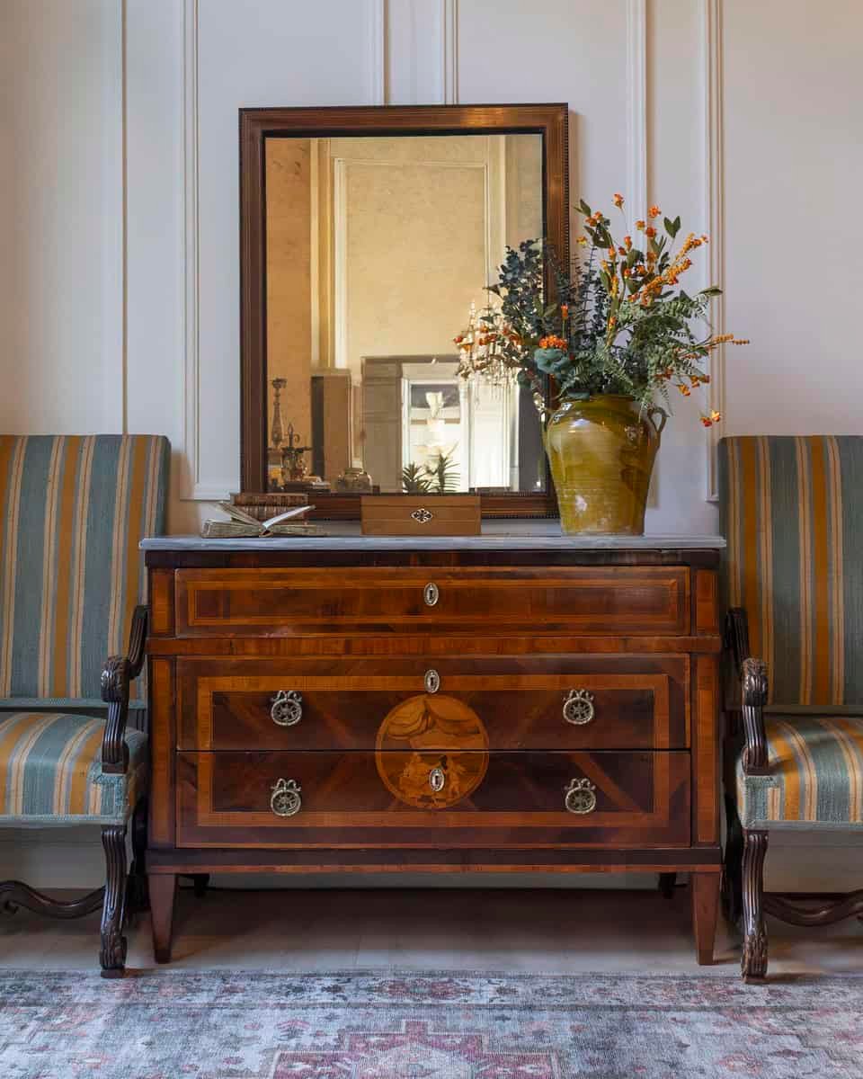 Italian Louis XVI Marquetry Chest of Drawers with Gray Marble Top, 18th Century - JAA