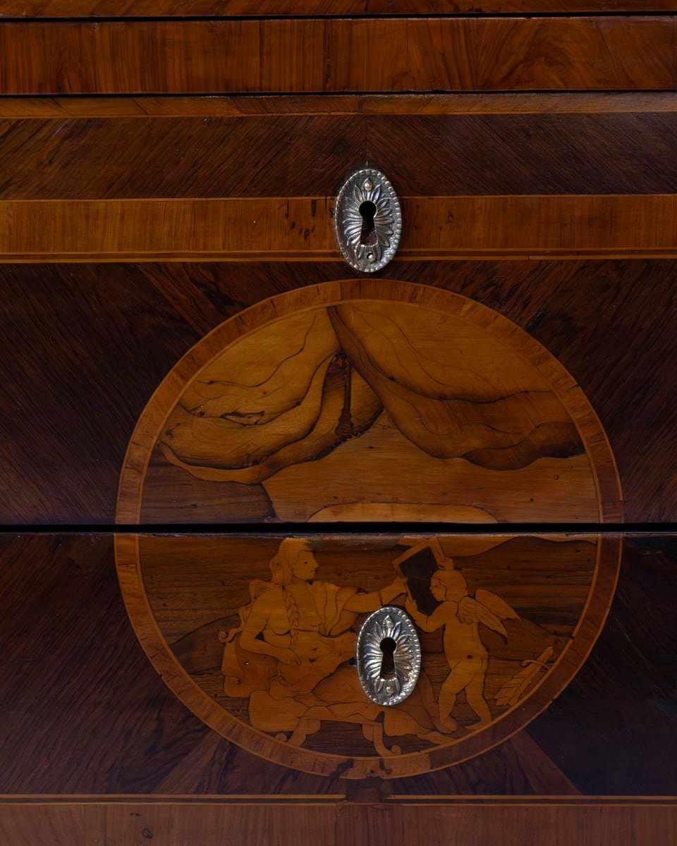 Italian Louis XVI Marquetry Chest of Drawers with Gray Marble Top, 18th Century - JAA