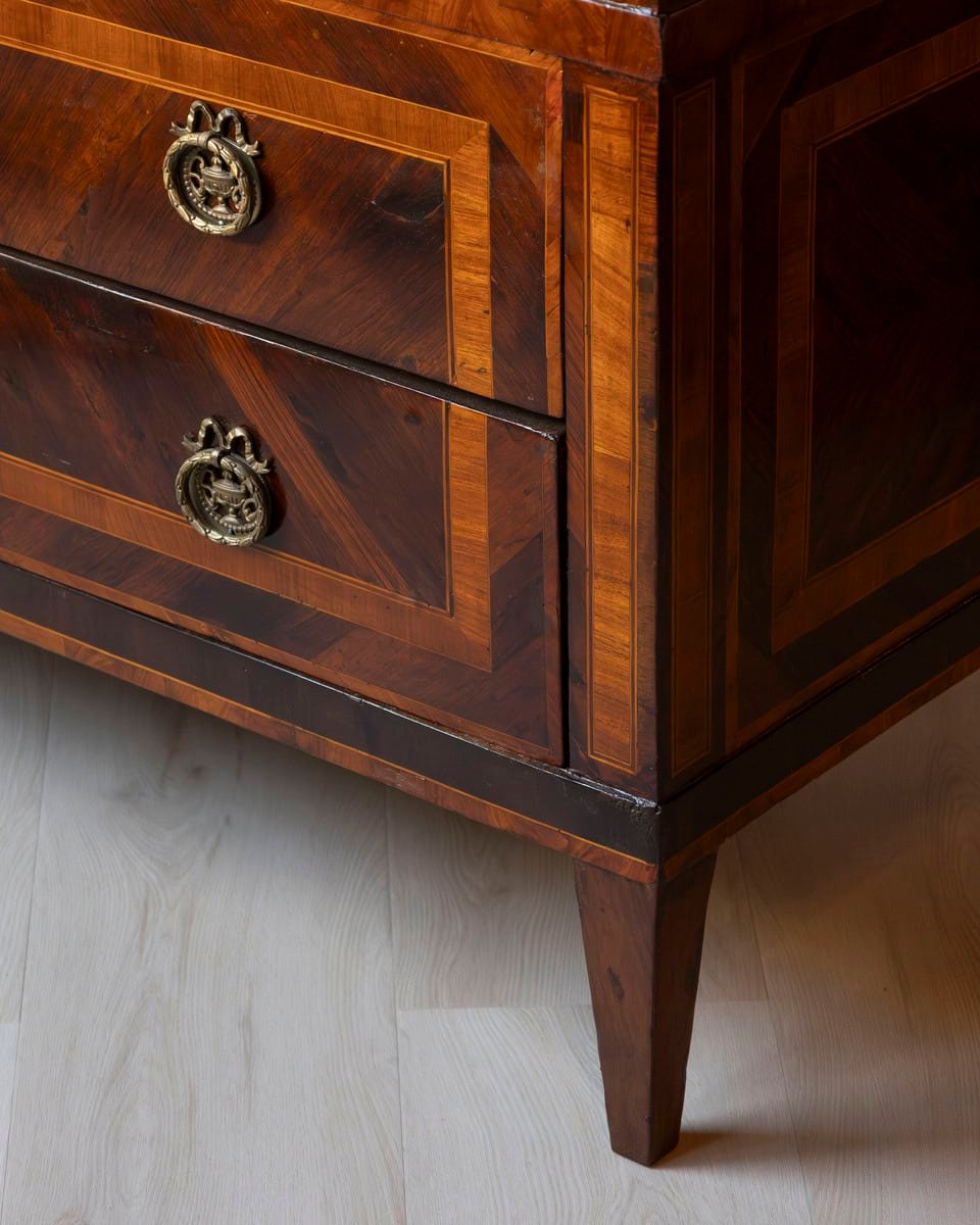 Italian Louis XVI Marquetry Chest of Drawers with Gray Marble Top, 18th Century - JAA