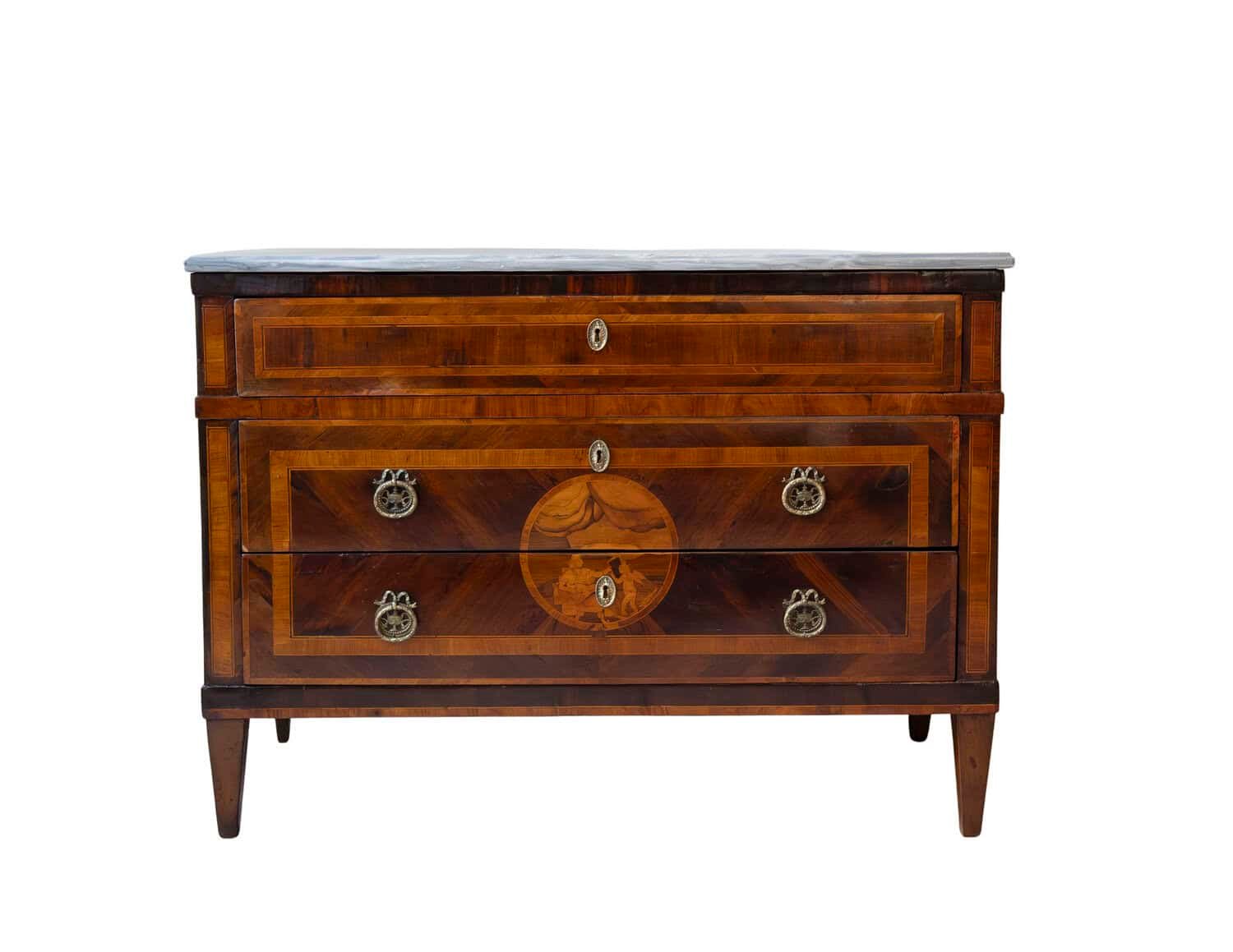 Italian Louis XVI Marquetry Chest of Drawers with Gray Marble Top, 18th Century - JAA