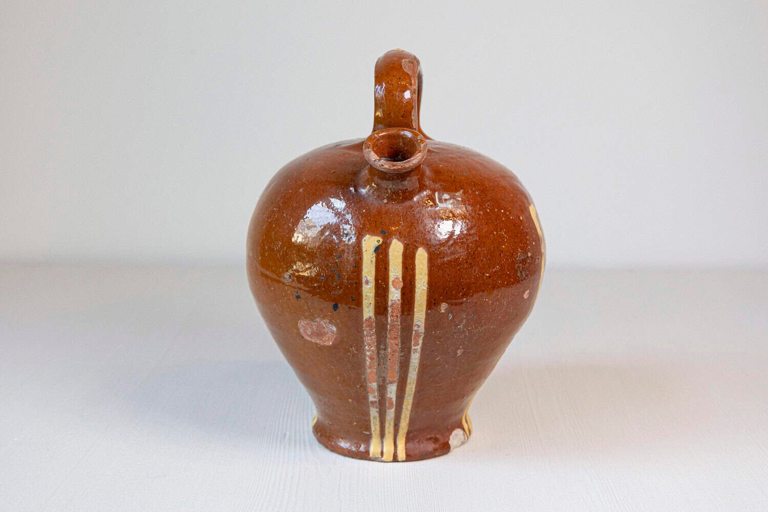 French 19th Century Rustic Pottery Jug with Russet Ground and Yellow Stripes - JAA