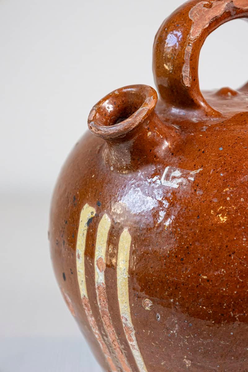 French 19th Century Rustic Pottery Jug with Russet Ground and Yellow Stripes - JAA
