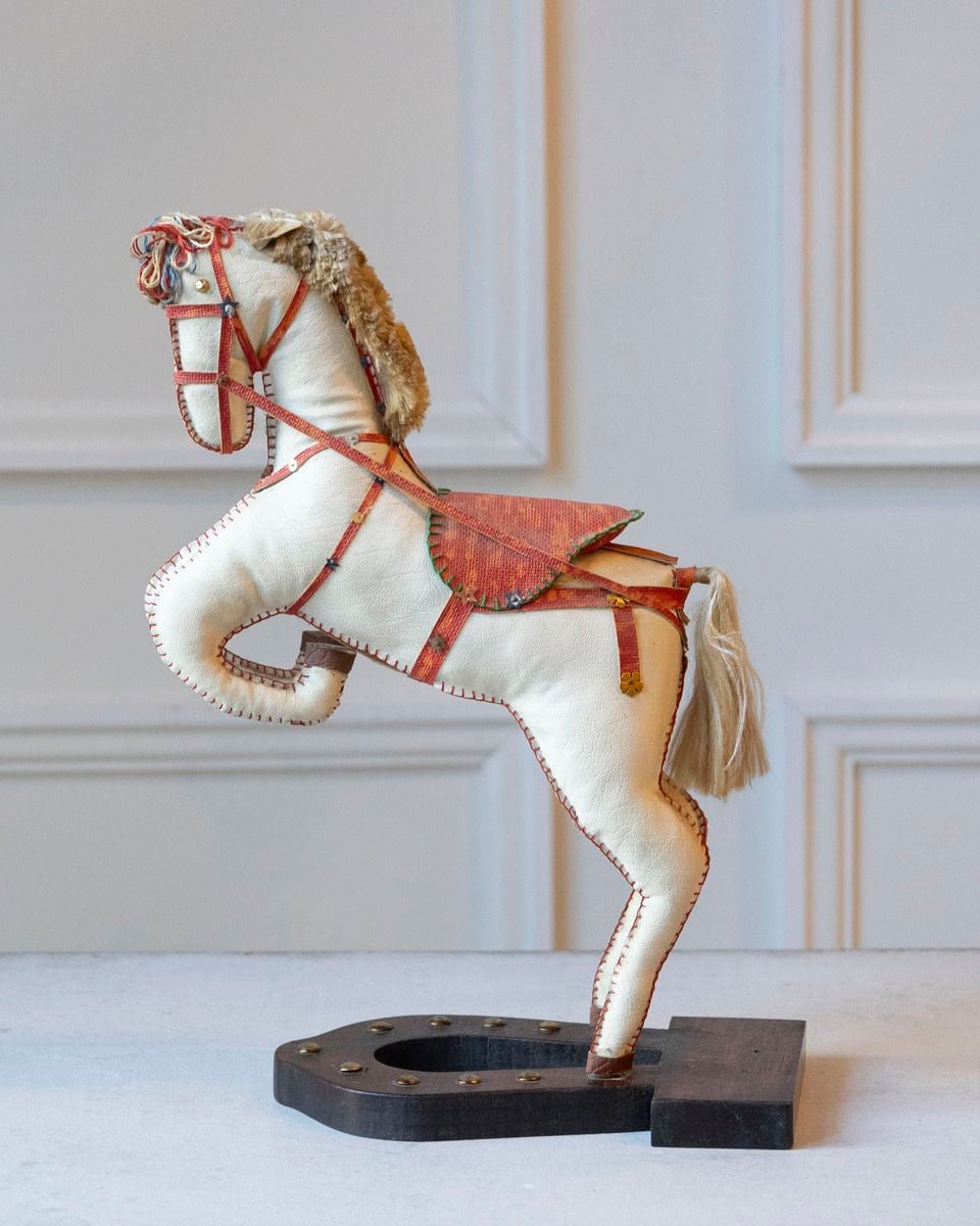 French 20th Century Decorative Moleskin Horse Sculpture with Ornate Polychrome Saddle in Rearing Pose - JAA