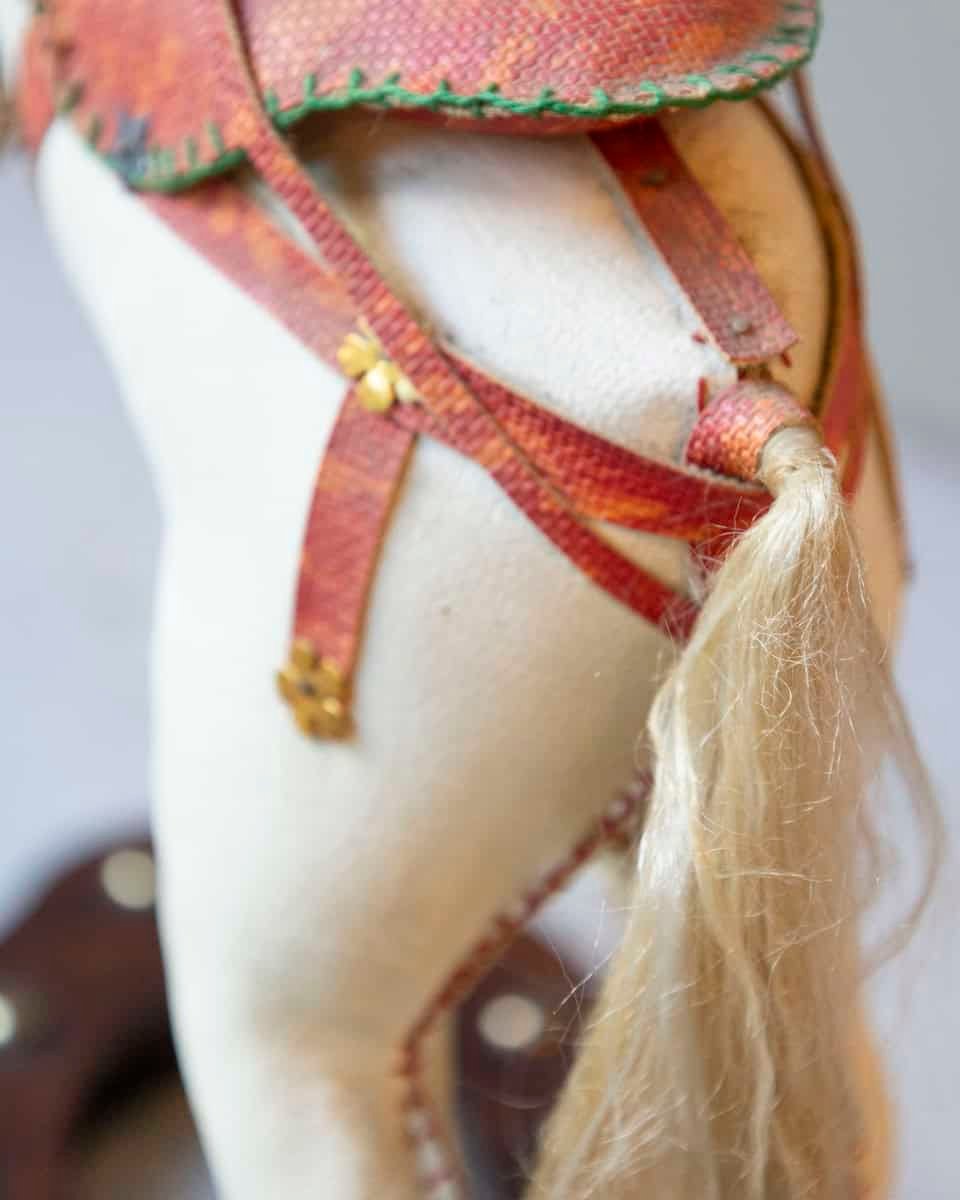 French 20th Century Decorative Moleskin Horse Sculpture with Ornate Polychrome Saddle in Rearing Pose - JAA