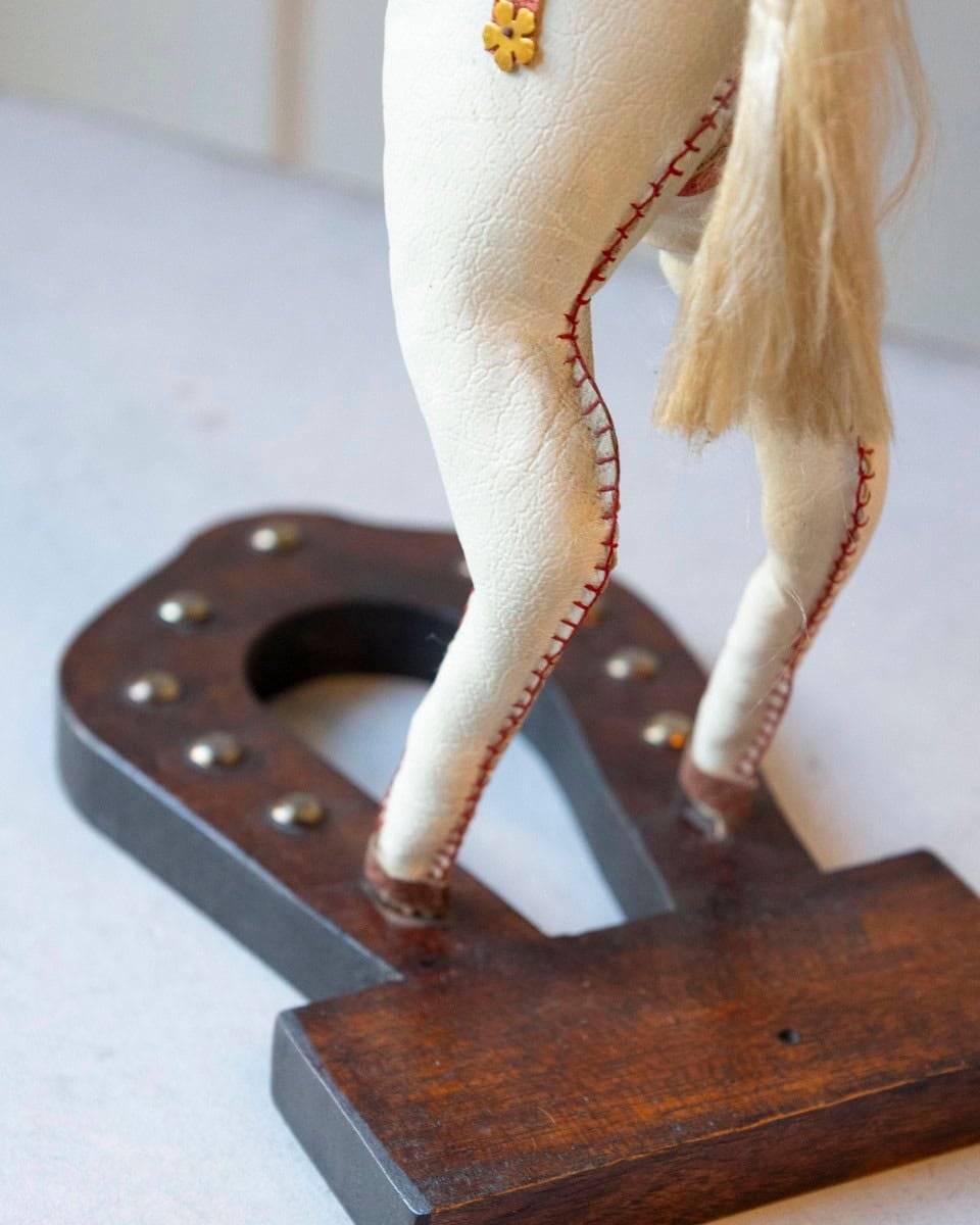 French 20th Century Decorative Moleskin Horse Sculpture with Ornate Polychrome Saddle in Rearing Pose - JAA