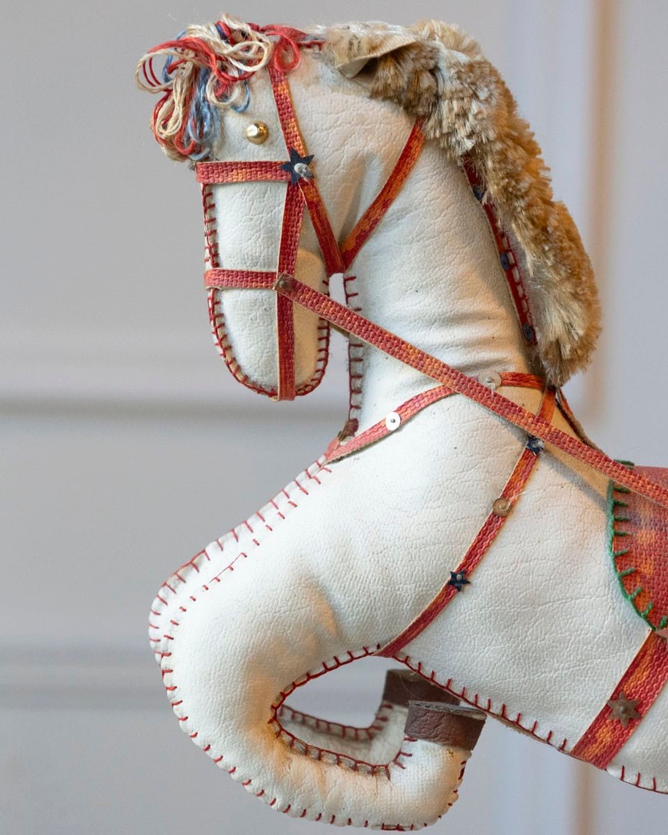 French 20th Century Decorative Moleskin Horse Sculpture with Ornate Polychrome Saddle in Rearing Pose - JAA