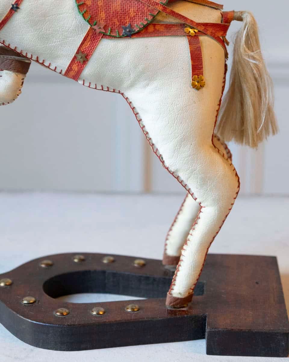 French 20th Century Decorative Moleskin Horse Sculpture with Ornate Polychrome Saddle in Rearing Pose - JAA